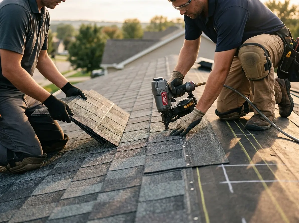 Professional roofer working on a residential roof in Hampden
